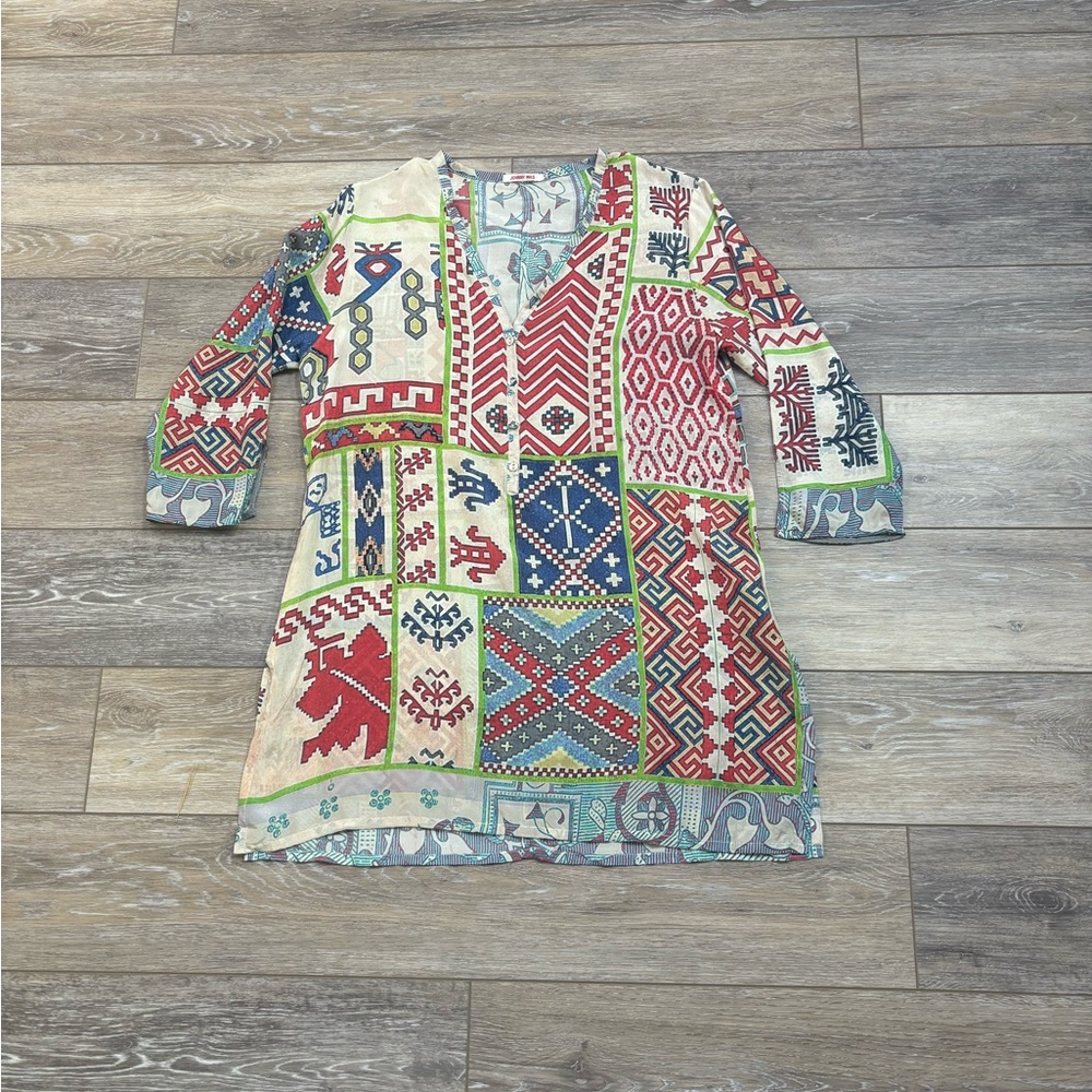 Johnny Was Tunic Sz XS 100% Silk Aztec Print Colorful Lightweight Boho Western